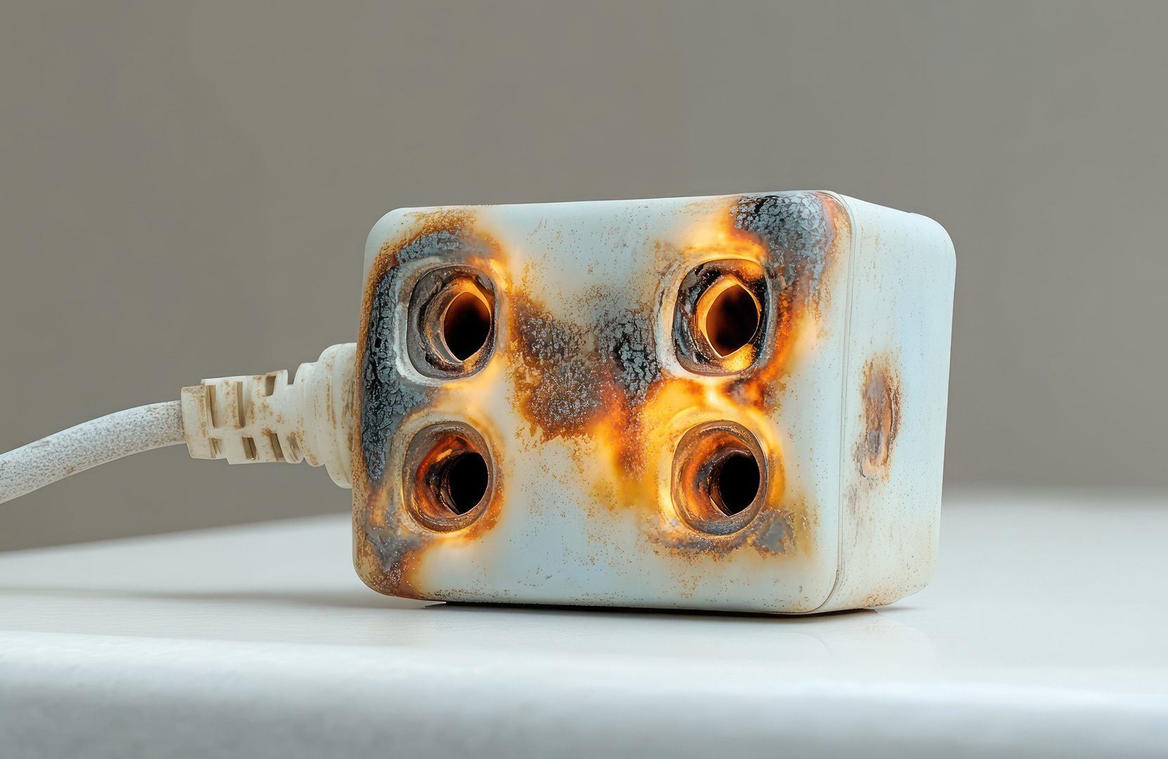 A heavily burned power strip with four outlets, scorched and blackened, showing severe damage from overheating, positioned on a white surface.