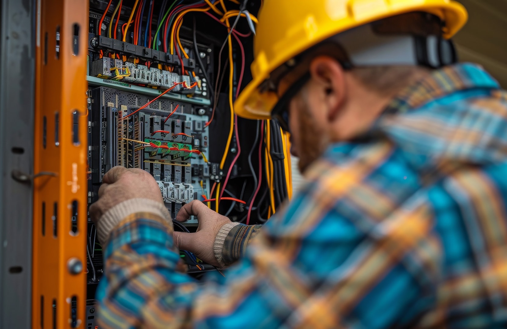 A man wearing a yellow hard hat and plaid shirt works on a complex electrical panel filled with colorful wires, conveying focus and technical skill.