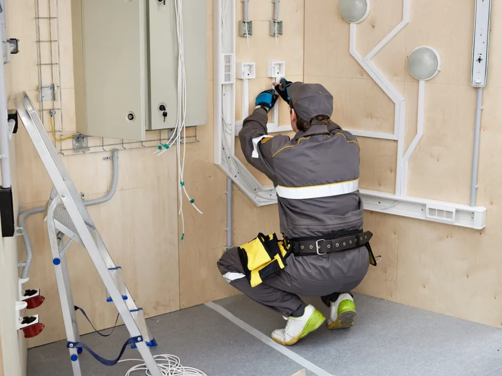 Electrician in gray uniform kneeling, working on wall outlets. Tools in belt, wires visible, ladder nearby in an organized workshop setting.