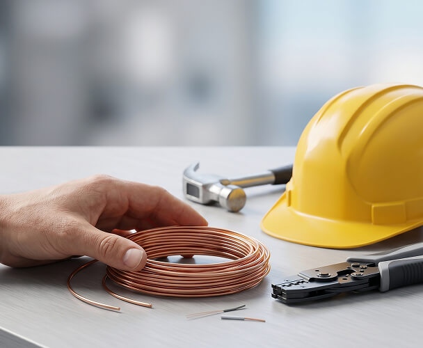 A hand touches coiled copper wire on a table with a yellow hard hat, pliers, and a hammer nearby. The scene conveys a professional, construction-oriented mood.