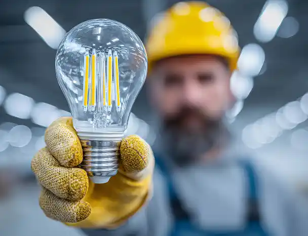 A person wearing a yellow hard hat and gloves holds a lit LED light bulb in focus, symbolizing innovation, in a blurred industrial setting.