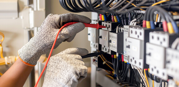 A person wearing gray gloves uses red and black probes to test an electrical panel with cables and switches. The scene conveys focus and technical expertise.